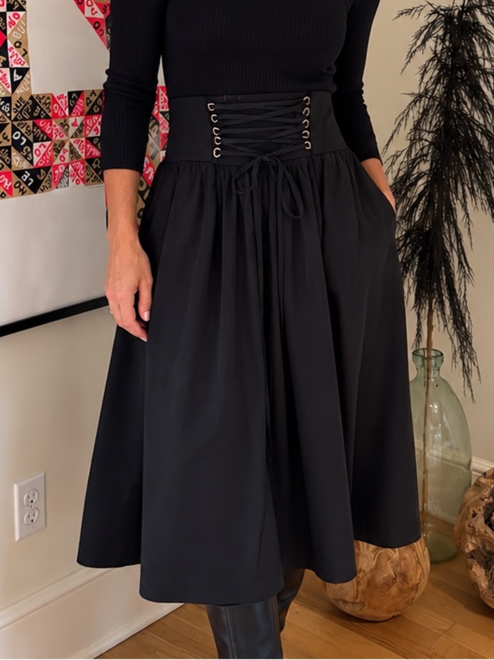 Express Black Corset-Waist Midi Skirt